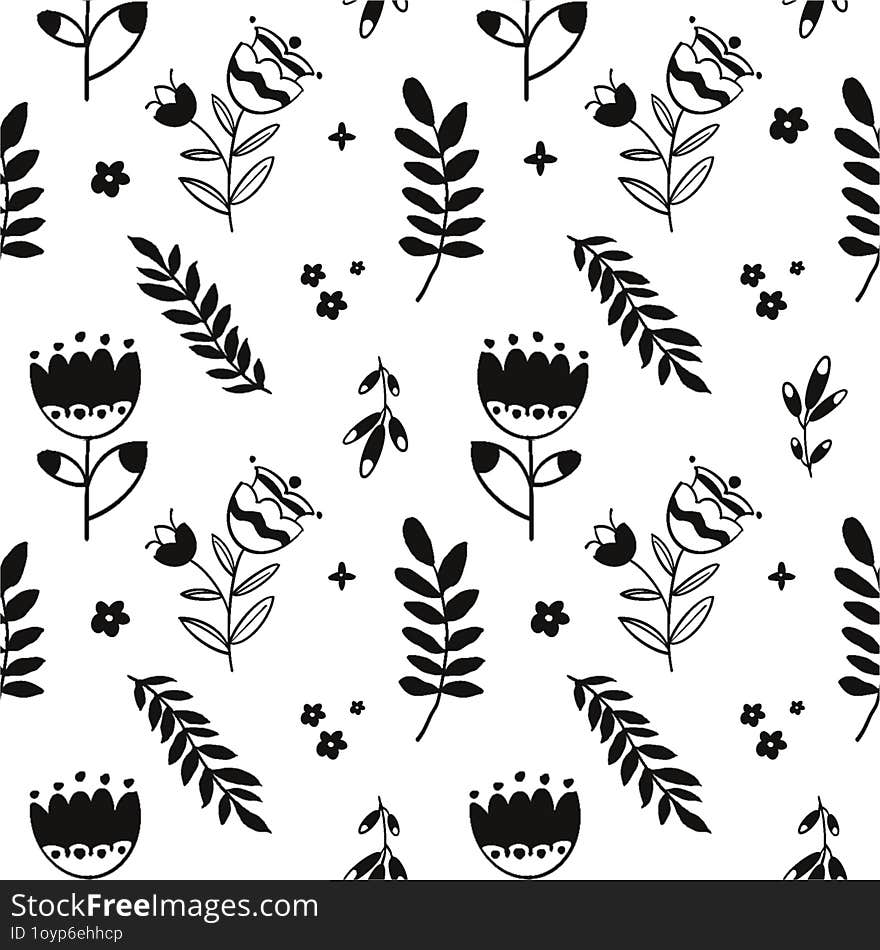 Floral Seamless Pattern On White Background. Botanic Black Color Illustration. Perfect For Greeting Card, Fabric, Scrapbook, Poste