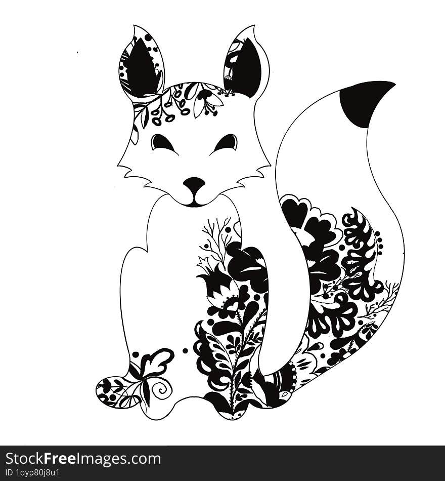 Cute cartoon fox isolated on white. Cartoon character, fox cub. Coloring page.Beautiful fox, coloring page for adults, clean line