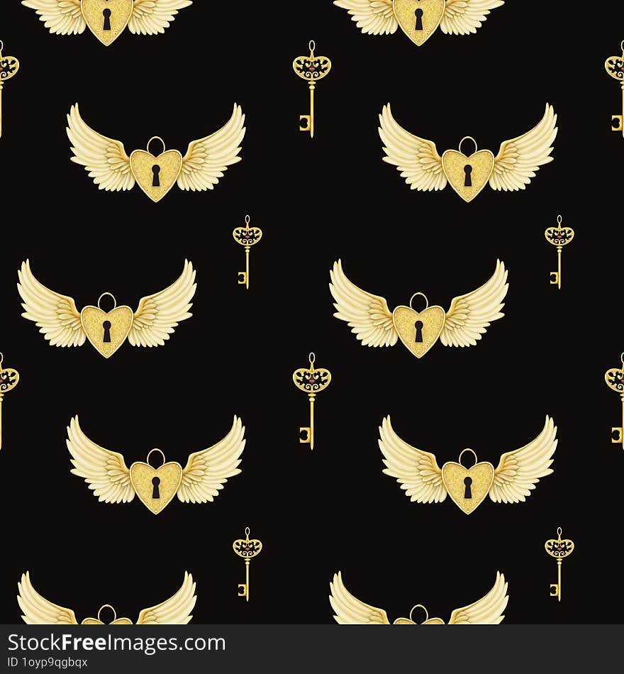 romantic seamless pattern on the black background. Bright festive illustration. Gold elements. Perfect for greeting card, fabric