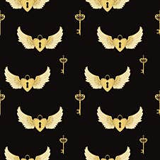 Romantic Seamless Pattern On The Black Background. Bright Festive Illustration. Gold Elements. Perfect For Greeting Card, Fabric, Stock Image