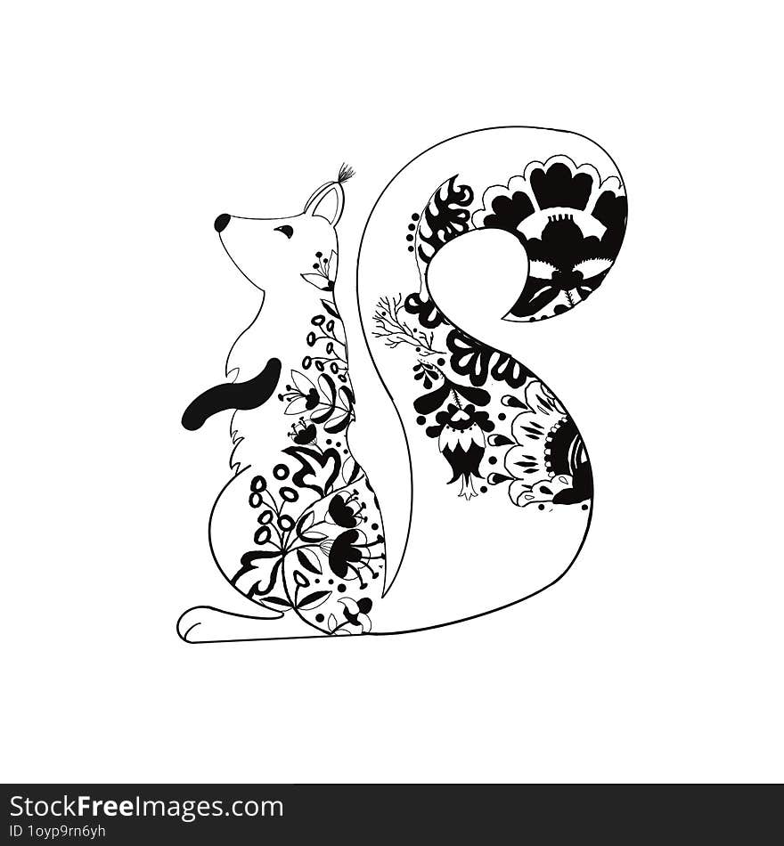 Squirrel With Floral Motifs On A White Background