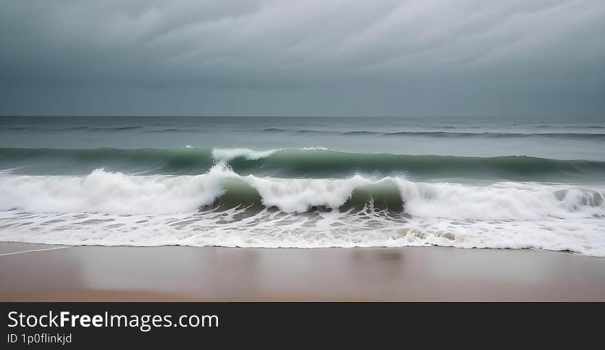 A stormy seascape with large crashing waves on a gray, overcast day. The waves are a vibrant green color as they break