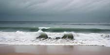 A Stormy Seascape With Large Crashing Waves On A Gray, Overcast Day. The Waves Are A Vibrant Green Color As They Break Royalty Free Stock Photography