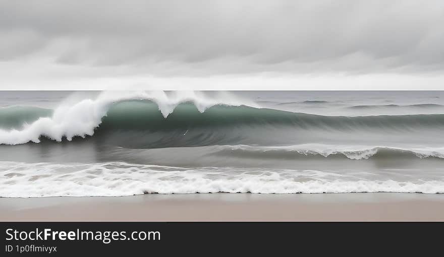 Powerful ocean waves crashing on a sandy beach with a cloudy, overcast sky in the background. Image is a high-resolution