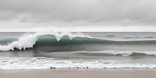 Powerful Ocean Waves Crashing On A Sandy Beach With A Cloudy, Overcast Sky In The Background. Image Is A High-resolution Stock Photo