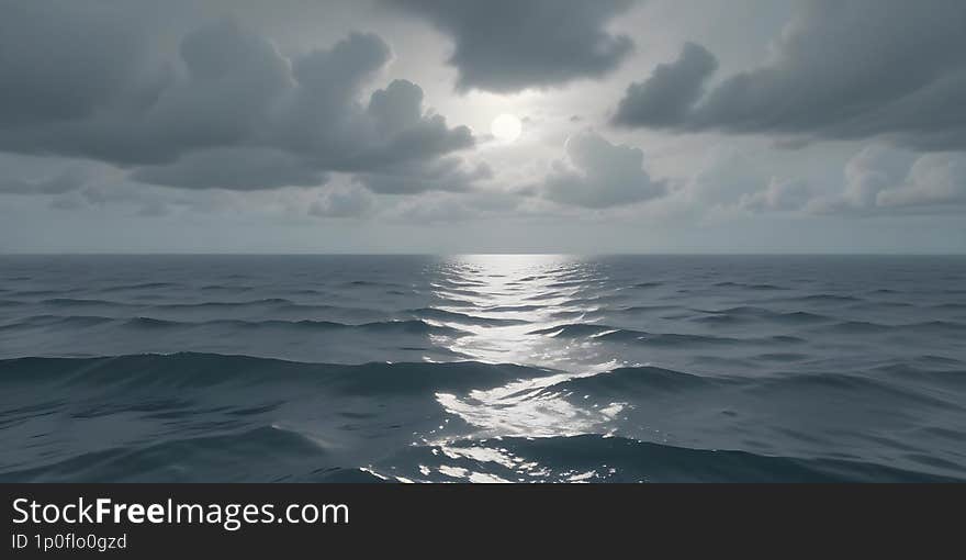 Stormy ocean with dark clouds in the sky, waves crashing on the surface of the water. Image is a digital photograph capturing