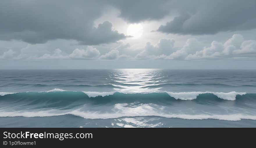 A stormy ocean scene with large waves crashing against a cloudy sky, the sun peeking through the clouds and reflecting