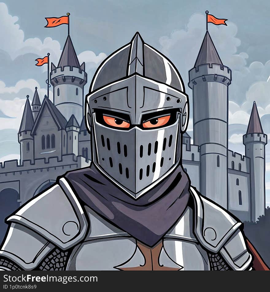 Cartoon illustration of a knight in front of a castle.