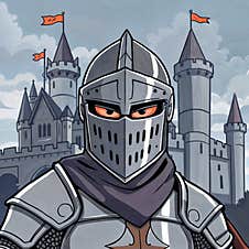 Cartoon Illustration Of A Knight In Front Of A Castle. Royalty Free Stock Photo