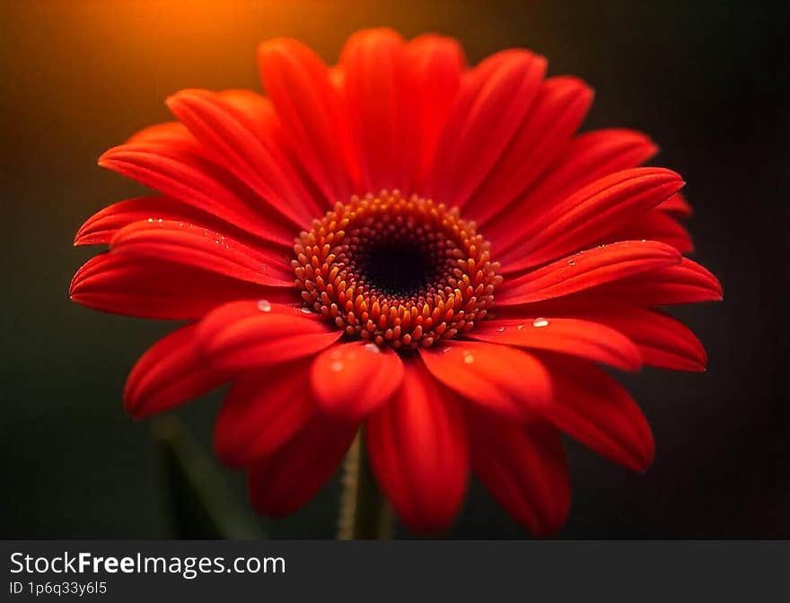 Red gerbera flower with drops on the petals. Taken with macro lens stacked. Selective focus. Blurring