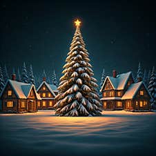 Christmas Tree, House And Snow In The Middle Of The Forest Royalty Free Stock Photo