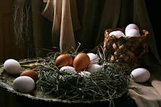 Chicken Eggs Lie In A Nest Of Grass Stock Photo