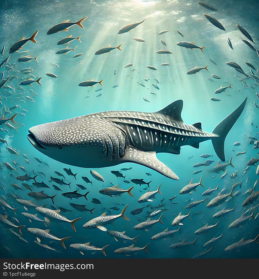 Majestic Whale Shark Surrounded by Fish in Ocean Depths