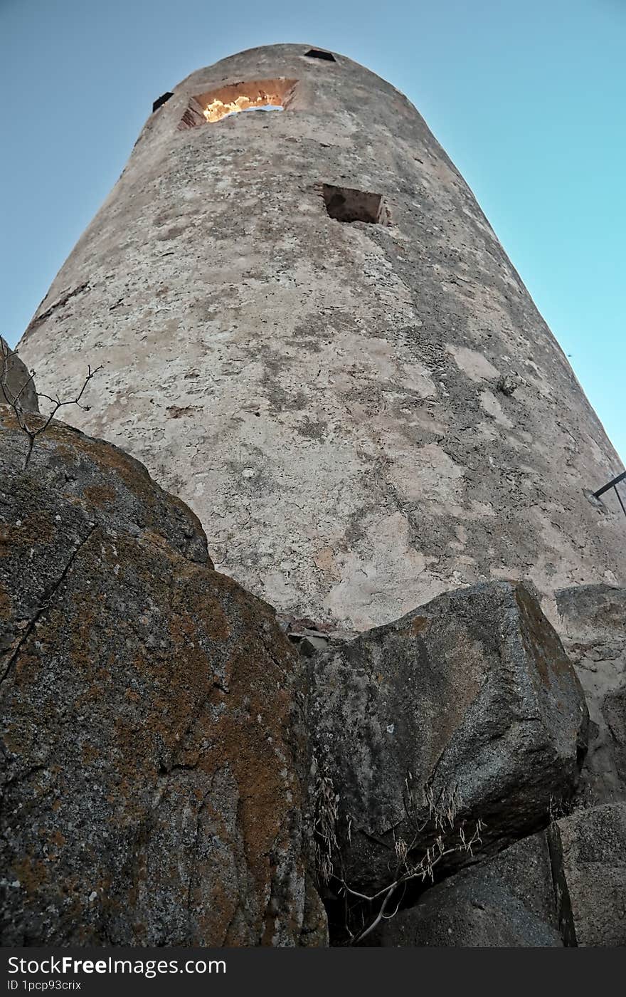 Low angle view of the ancient hispanic tower of San Gemiliano, Tortol�, Sardinia, Italy