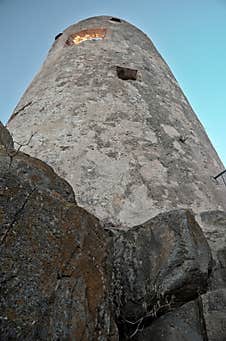 Low Angle View Of The Ancient Hispanic Tower Of San Gemiliano, Tortolì, Sardinia, Italy Stock Photo