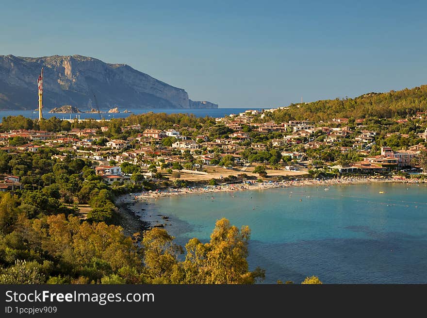 Panoramic view of Porto Frailis, Sardinia and the beach seen from San Gemiliano tower on a summer afternoon