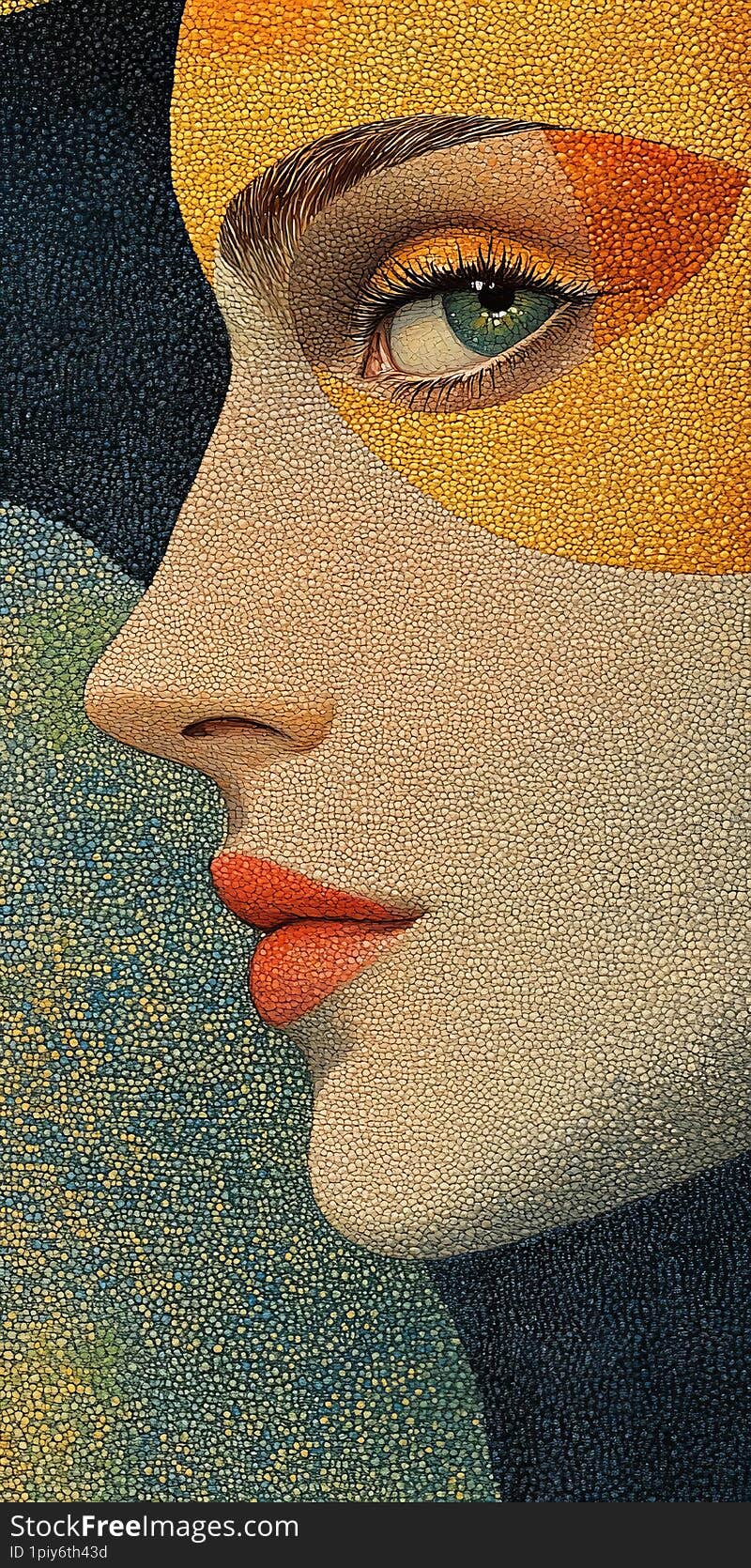 Watercolor prismatic pastoral pointillism superimposed over the background and face of an art deco model, rich colors, bright eyes