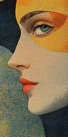 Watercolor Prismatic Pastoral Pointillism Superimposed Over The Background And Face Of An Art Deco Model, Rich Colors, Bright Eyes Royalty Free Stock Photography