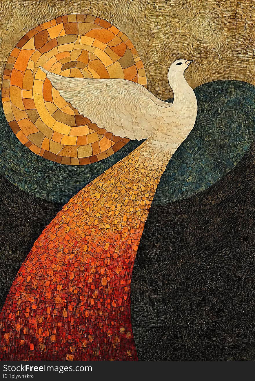 Watercolor prismatic pastoral pointillism superimposed over the background and art deco , rich colors, bright and A radiant phoenix soaring in a twilight sky, its feathers glowing with prismatic oranges, reds, and golds, surrounded by swirling, mosaic-like flames.