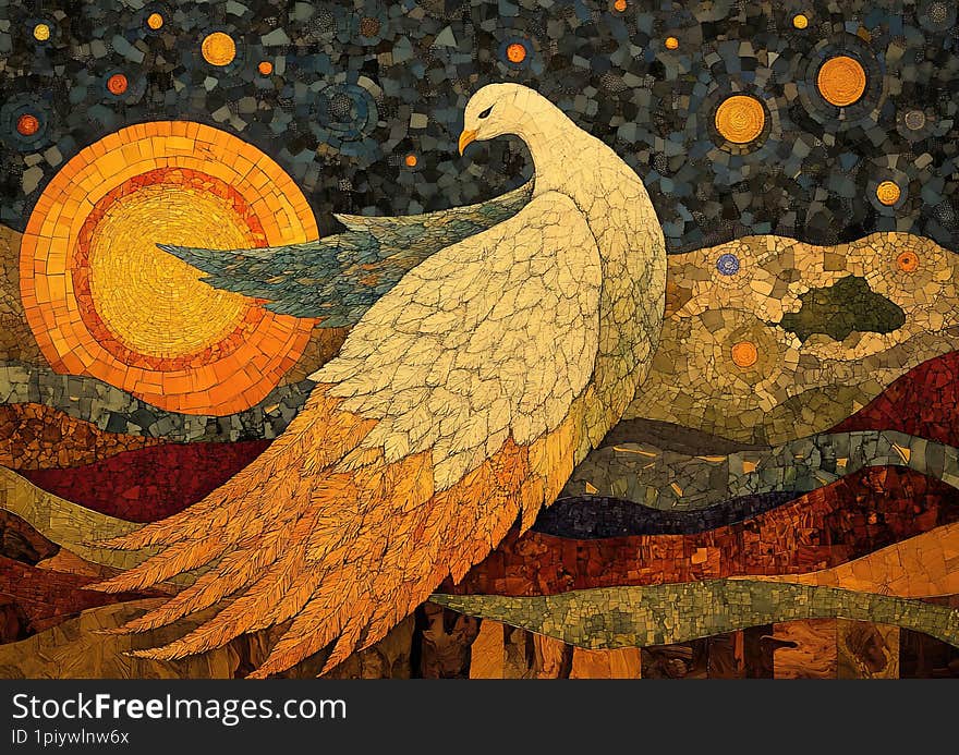 Watercolor prismatic pastoral pointillism superimposed over the background and art deco , rich colors, bright and A radiant phoenix soaring in a twilight sky, its feathers glowing with prismatic oranges, reds, and golds, surrounded by swirling, mosaic-like flames.