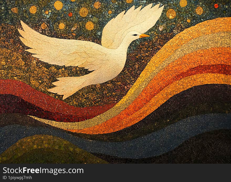 Watercolor prismatic pastoral pointillism superimposed over the background and art deco , rich colors, bright and A radiant phoenix soaring in a twilight sky, its feathers glowing with prismatic oranges, reds, and golds, surrounded by swirling, mosaic-like flames.