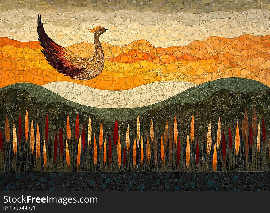 Watercolor prismatic pastoral pointillism superimposed over the background and art deco , rich colors, bright and A radiant phoenix soaring in a twilight sky, its feathers glowing with prismatic oranges, reds, and golds, surrounded by swirling, mosaic-like flames.