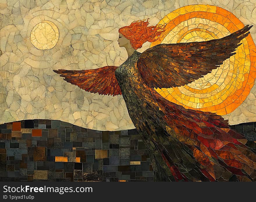 Watercolor prismatic pastoral pointillism superimposed over the background and art deco , rich colors, bright and A radiant phoenix soaring in a twilight sky, its feathers glowing with prismatic oranges, reds, and golds, surrounded by swirling, mosaic-like flames.