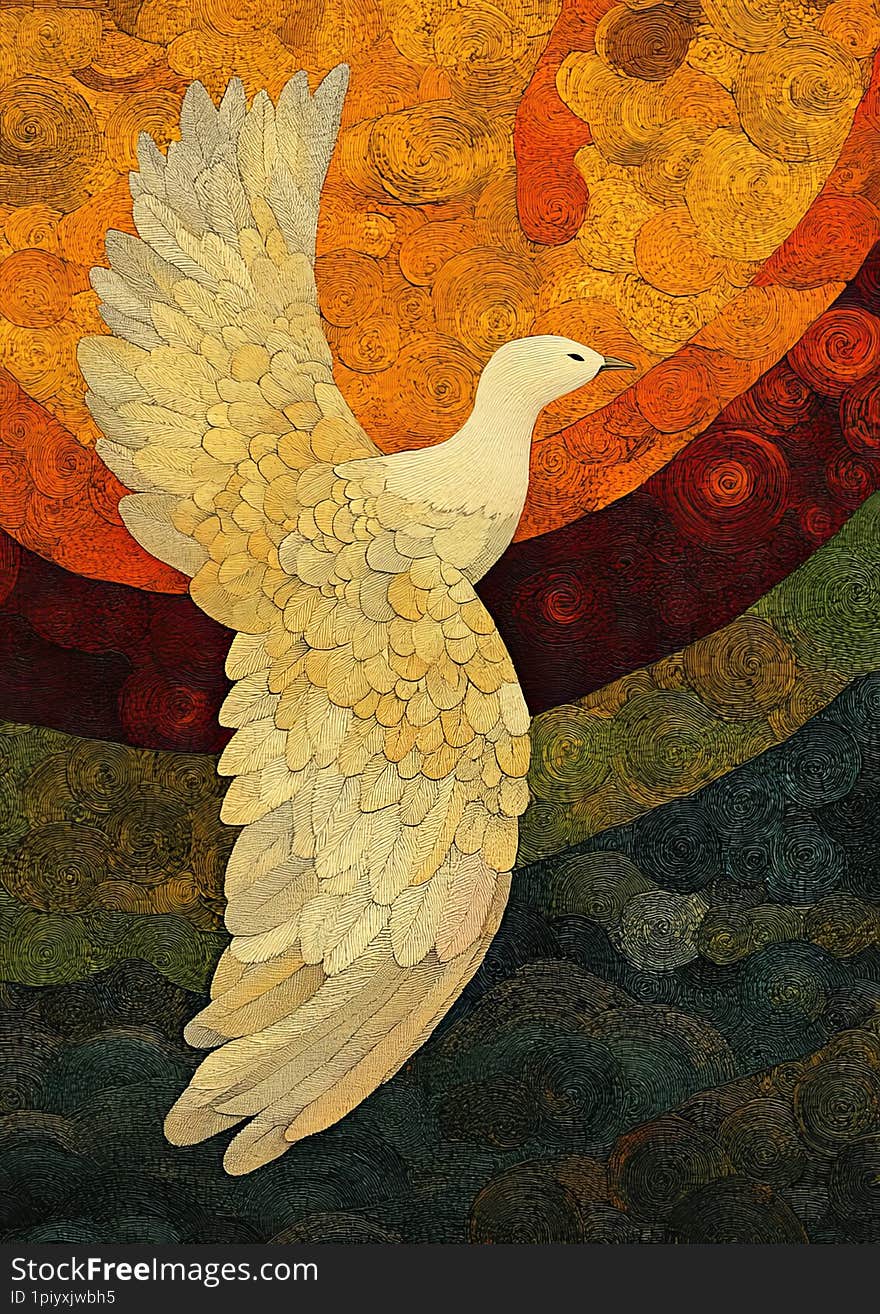 Watercolor prismatic pastoral pointillism superimposed over the background and art deco , rich colors, bright and A radiant phoenix soaring in a twilight sky, its feathers glowing with prismatic oranges, reds, and golds, surrounded by swirling, mosaic-like flames.