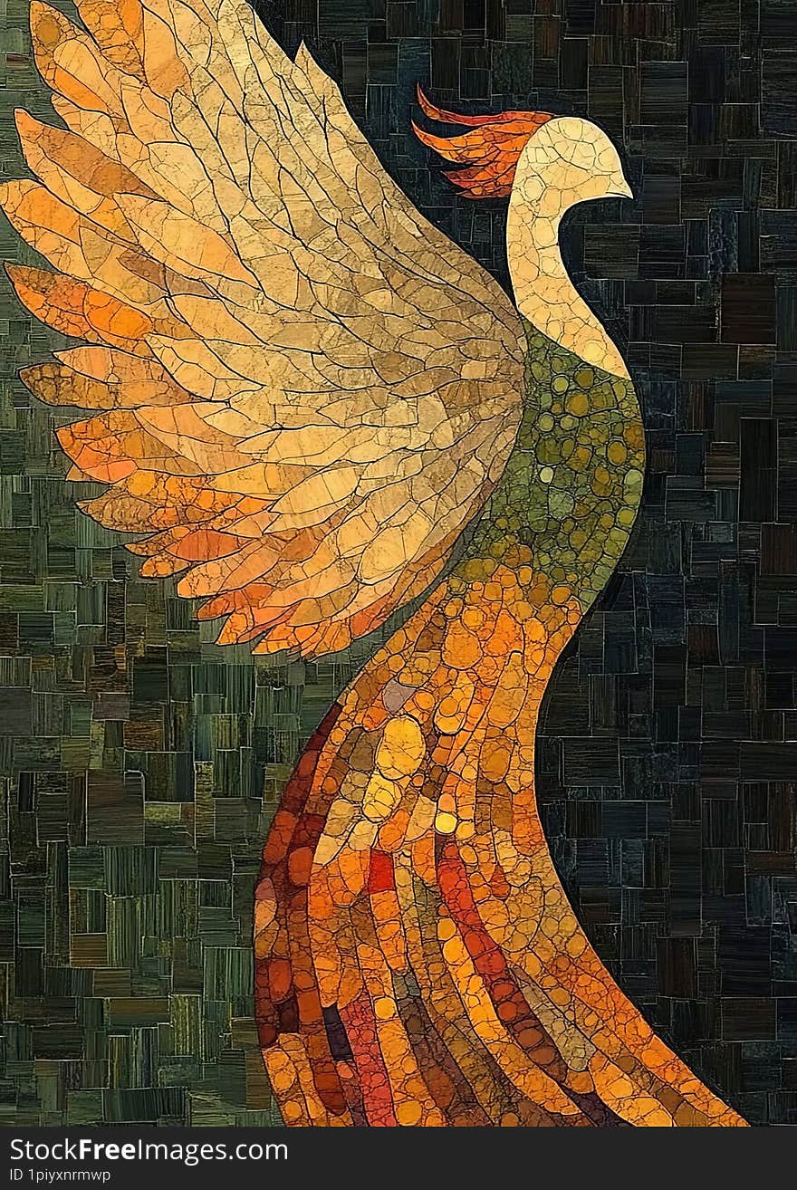 Watercolor prismatic pastoral pointillism superimposed over the background and art deco , rich colors, bright and A radiant phoenix soaring in a twilight sky, its feathers glowing with prismatic oranges, reds, and golds, surrounded by swirling, mosaic-like flames.