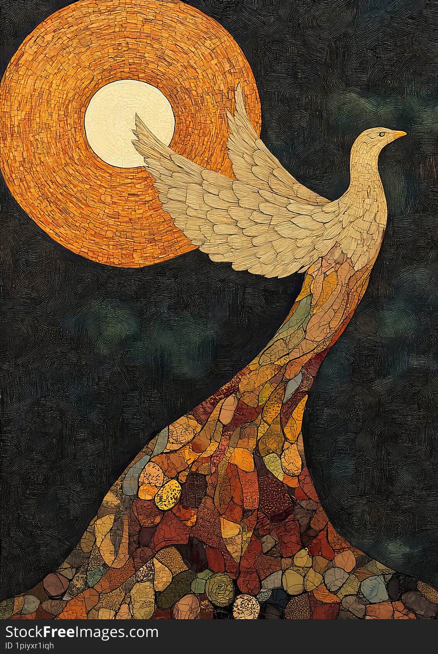 Watercolor prismatic pastoral pointillism superimposed over the background and art deco , rich colors, bright and A radiant phoenix soaring in a twilight sky, its feathers glowing with prismatic oranges, reds, and golds, surrounded by swirling, mosaic-like flames.