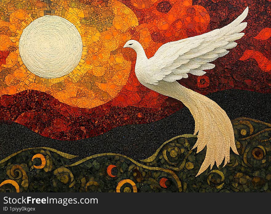 Watercolor prismatic pastoral pointillism superimposed over the background and art deco , rich colors, bright and A radiant phoenix soaring in a twilight sky, its feathers glowing with prismatic oranges, reds, and golds, surrounded by swirling, mosaic-like flames.