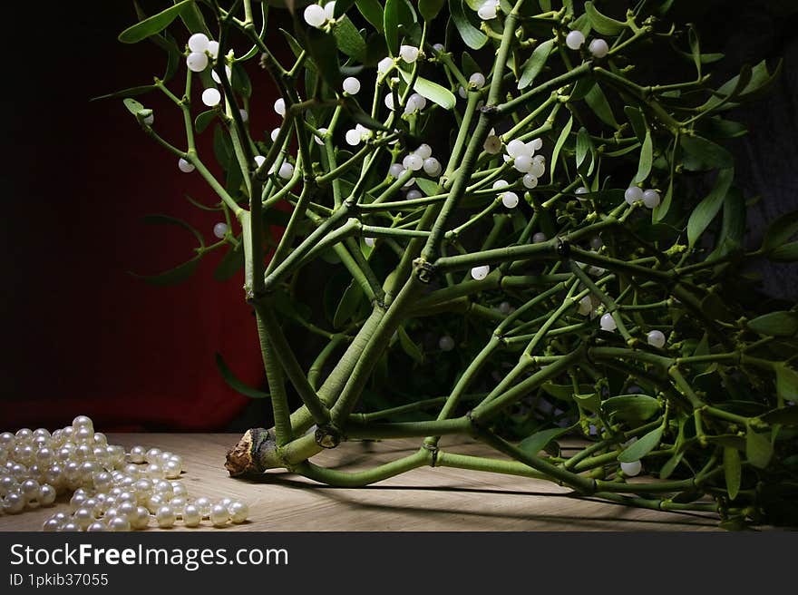 A mistletoe bush dotted with white berries and pearl beads lie on a light tabletop against a red background