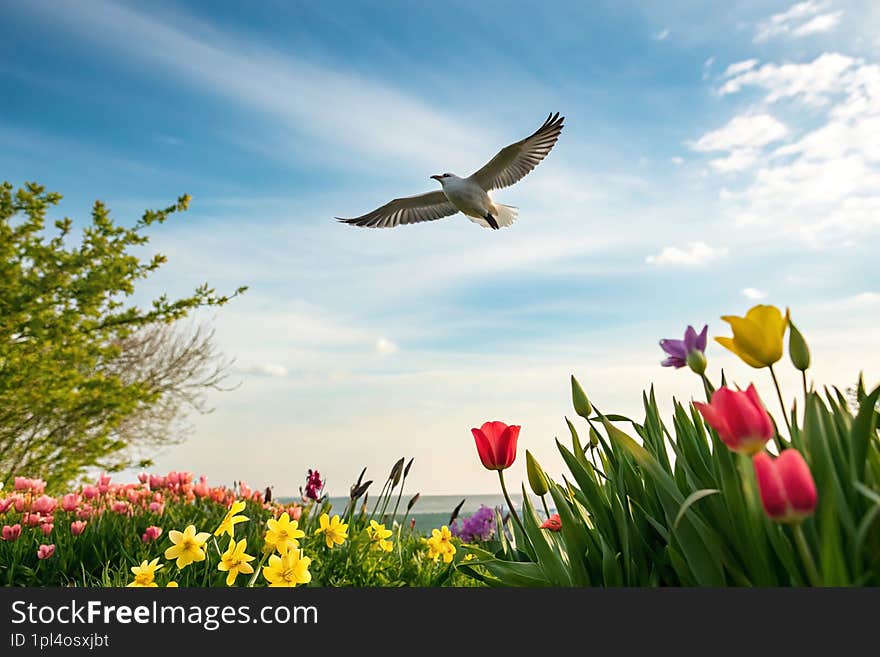 Photo of a bird a over spring background