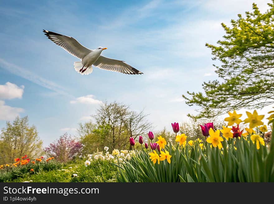 A cheerful photo of a robin perched on a fresh patch of grass, framed by blooming tulips. A cheerful photo of a robin perched on a fresh patch of grass, framed by blooming tulips.