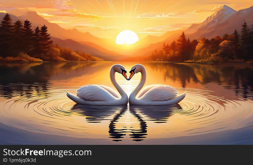 Ilustration Swans in the river love. Generative AI