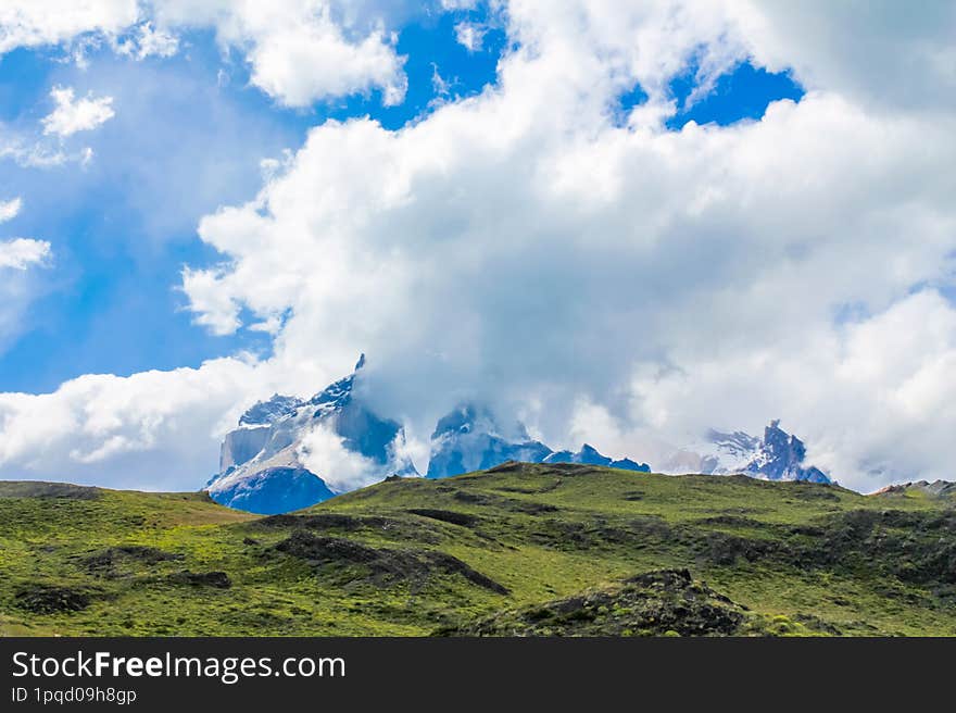 Los Cuernos mountain summit landscape in Patagonia, Chile