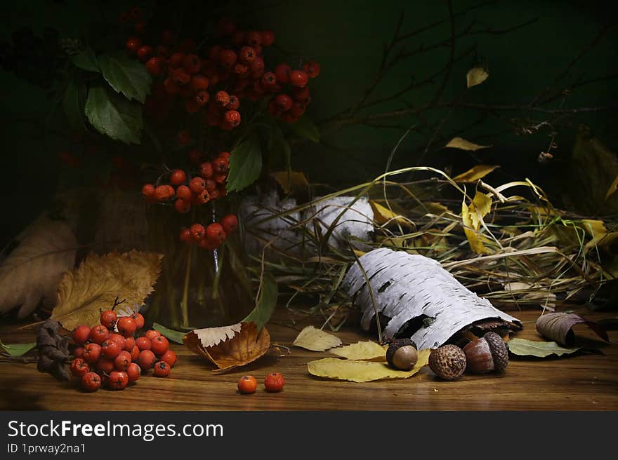 Branches with bunches of rowan berries stand in a vase on the table among scattered leaves, dry grass, acorns