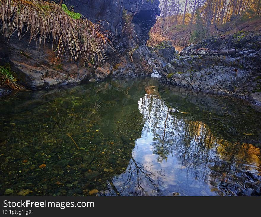 Background river. River Krusevica, Bosnia and Herzegovina. Clear river. Landscape mountain river. Morning in the wilderness. Strea