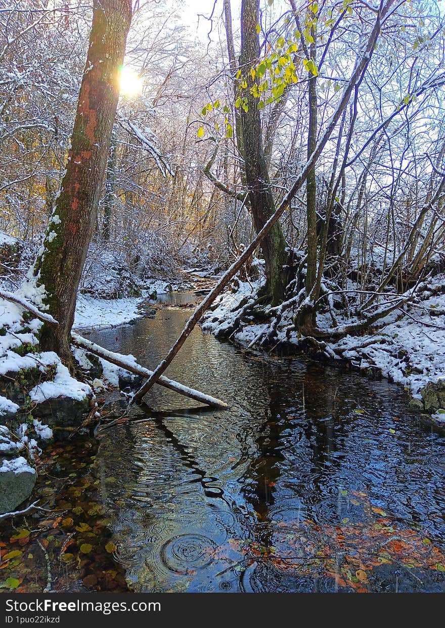 Winter landscape river. River Krusevica, Bosnia and Herzegovina. Winter idyll. Landscape stream.