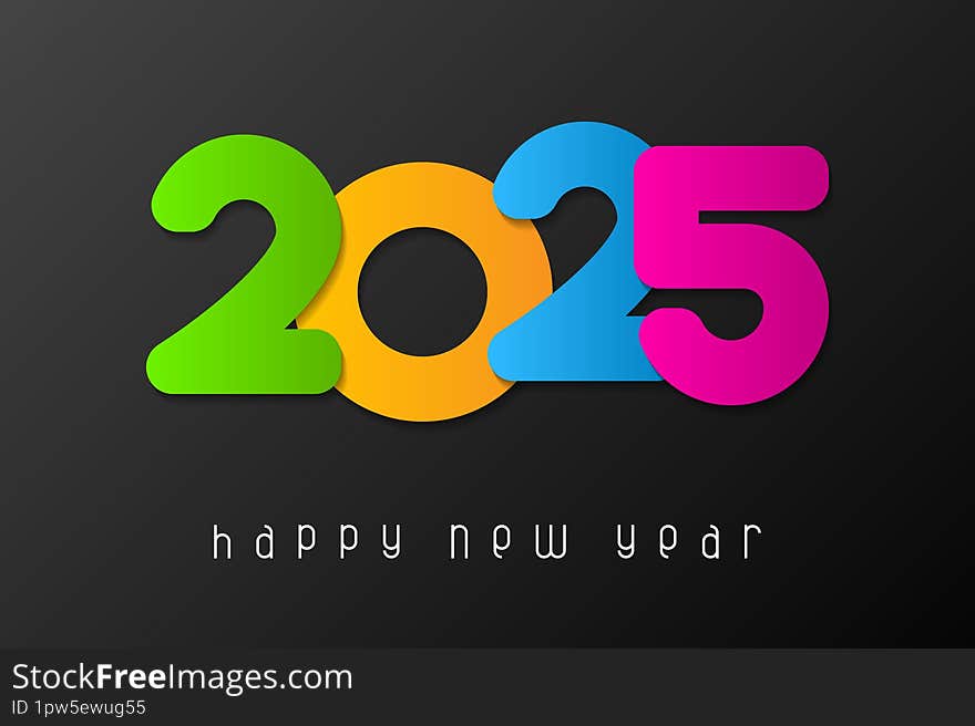 Happy New Year 2025 poster with numbers cut out of colorful paper. Winter holidays greeting or invitation. Illustration on black background