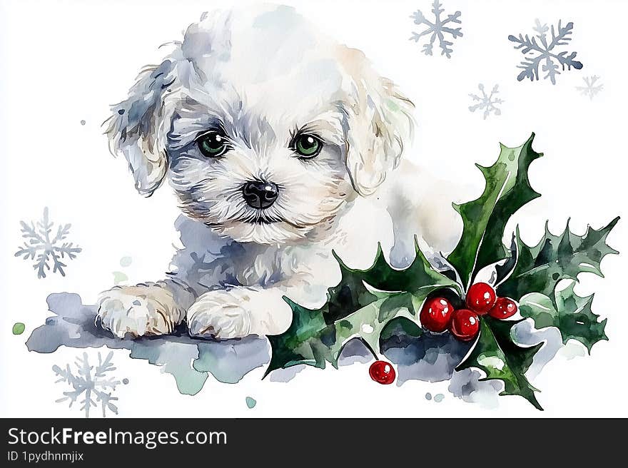 A cute Maltipoo dog in clip art style, with a Christmas plant, generated with AI.