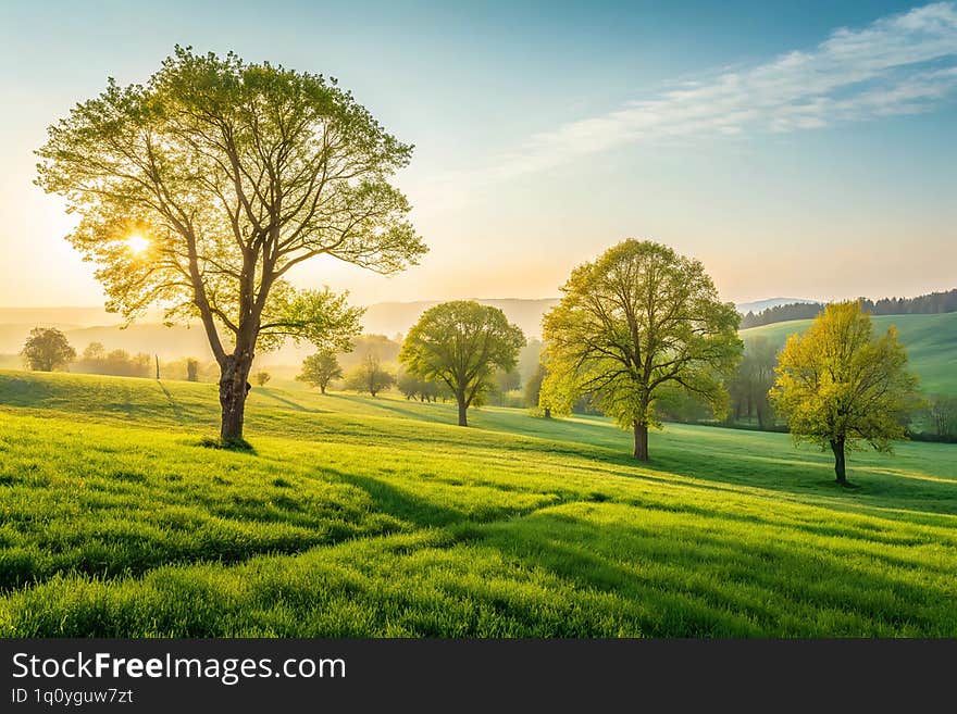 Spring landscape. Spring nature scene. Trees on green meadow in morning sunlight. Sunrise on fresh field