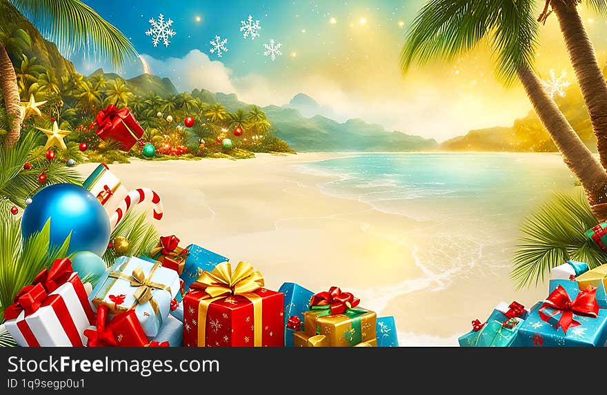 This vibrant image captures a unique blend of a tropical beach scene with traditional holiday elements. The foreground is adorned