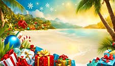 This Vibrant Image Captures A Unique Blend Of A Tropical Beach Scene With Traditional Holiday Elements. The Foreground Is Adorned Royalty Free Stock Photo