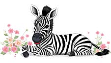 A Lovely Artwork Of A Happy Zebra Resting With Flowers In The Background, Set Against A Pure White Backdrop Stock Photography