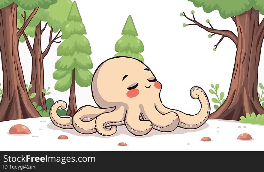 A cute cartoon of a peaceful octopus resting with trees in the background, set against a pure white backdrop