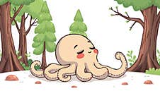 A Cute Cartoon Of A Peaceful Octopus Resting With Trees In The Background, Set Against A Pure White Backdrop Royalty Free Stock Photos