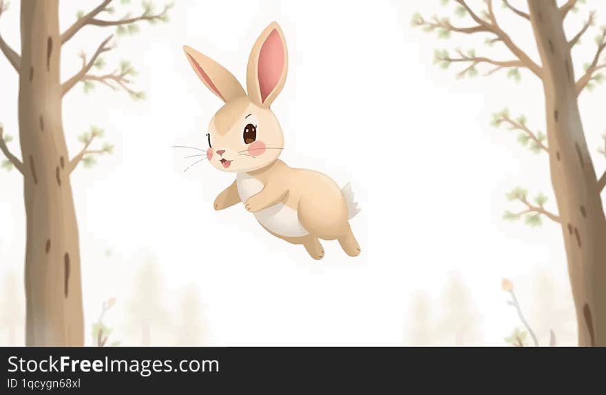 A sweet design of a gentle rabbit flying with trees in the background, set against a pure white backdrop