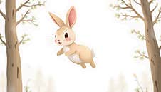 A Sweet Design Of A Gentle Rabbit Flying With Trees In The Background, Set Against A Pure White Backdrop Royalty Free Stock Photo