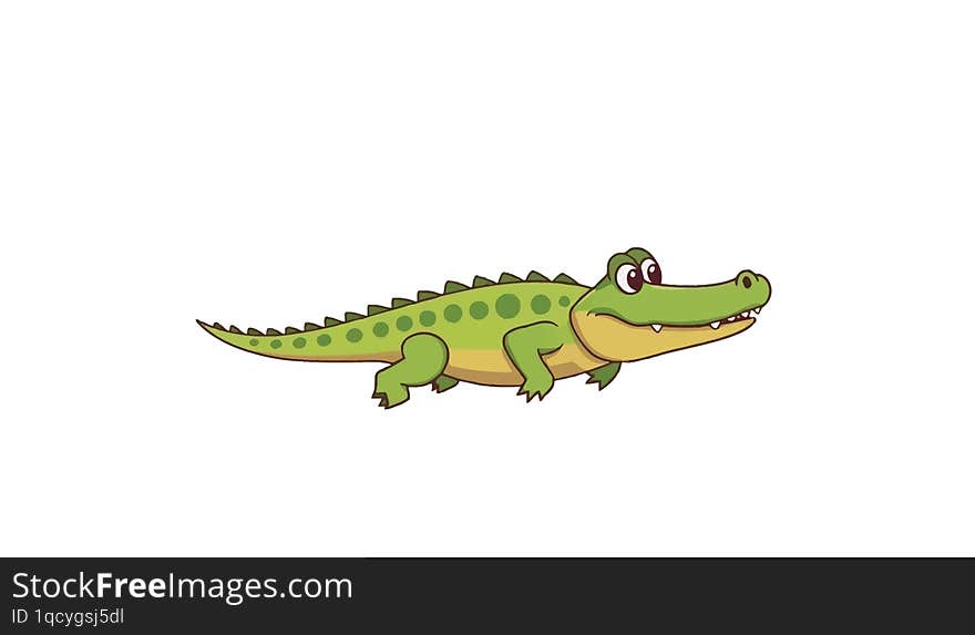 A cute cartoon of a curious crocodile flying with clouds in the background, set against a pure white backdrop